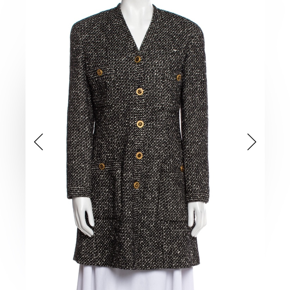 CHANEL Black and White Tweed Coat with CC Logo Gold Buttons Size: FR. 34